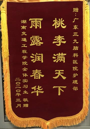 送给广东三九脑科医院护理部的锦旗。